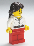 LEGO cty0281 Blouse with Buttons, Belt and Necklace, Red Legs, Dark Brown Hair Ponytail Long French Braided
